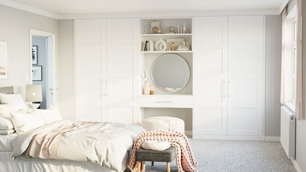 Tủ quần áo kết hợp bàn trang điểm với tone màu trắng tinh tế (Nguồn: Sưu tầm)