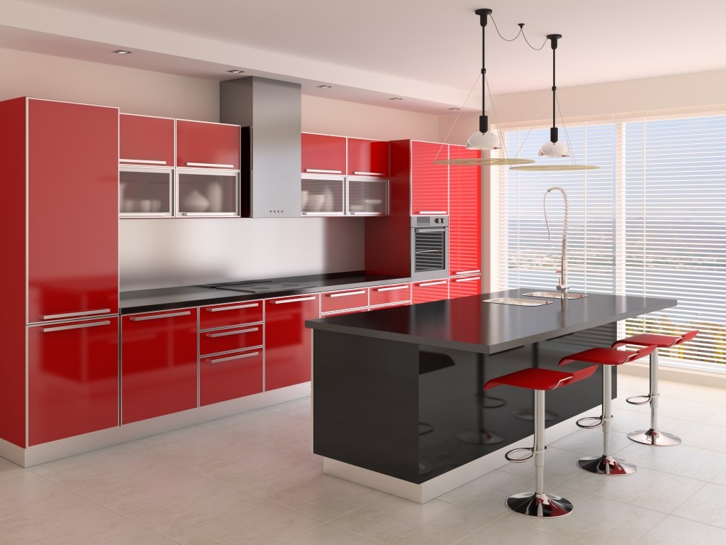 Thiết kế tủ bếp bóng gương màu đỏ chữ I