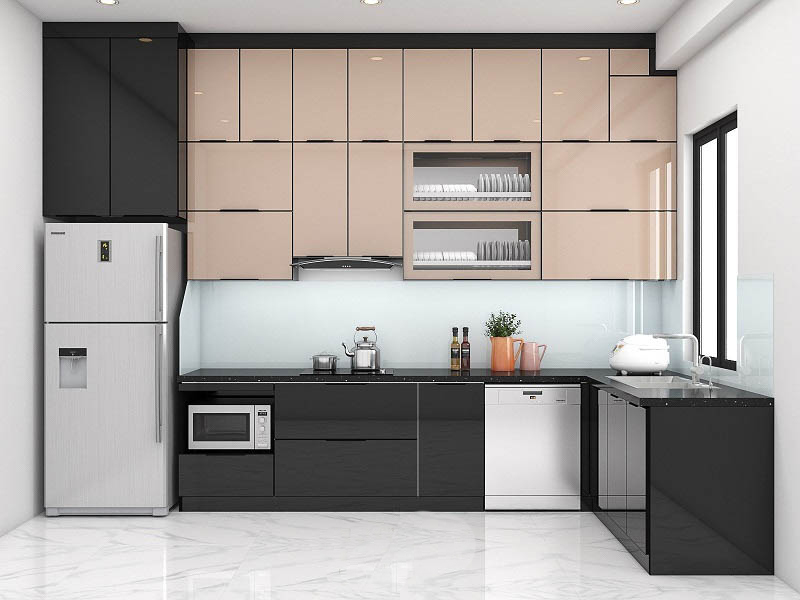 Tủ bếp MDF phủ Arcylic nữ tính khi kết hợp với ánh hồng