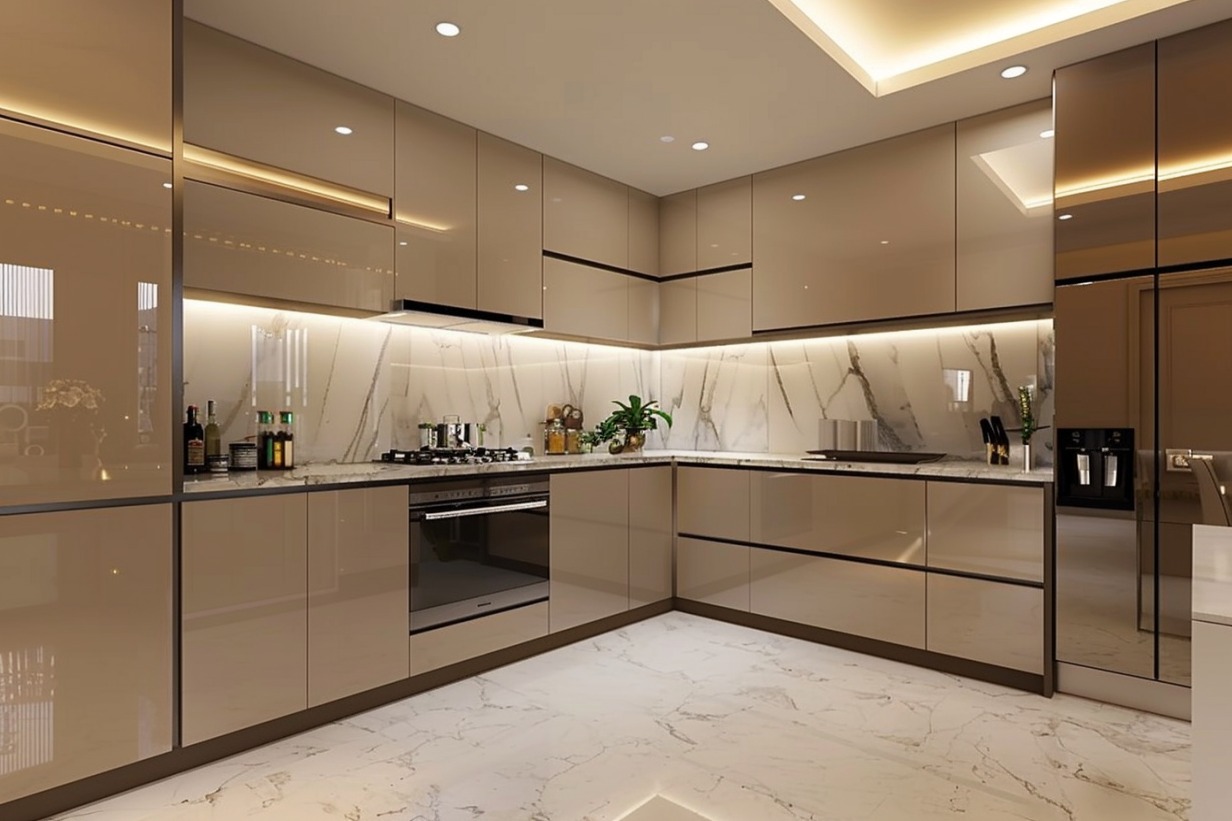 Mẫu tủ bếp kết hợp đèn led hiện đại sang trọng