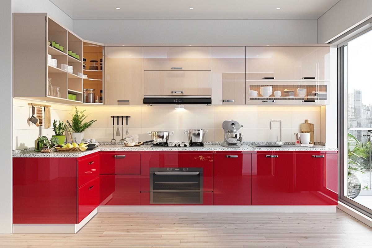 Tủ bếp phủ Acrylic bóng gương thiết kế hình chữ L