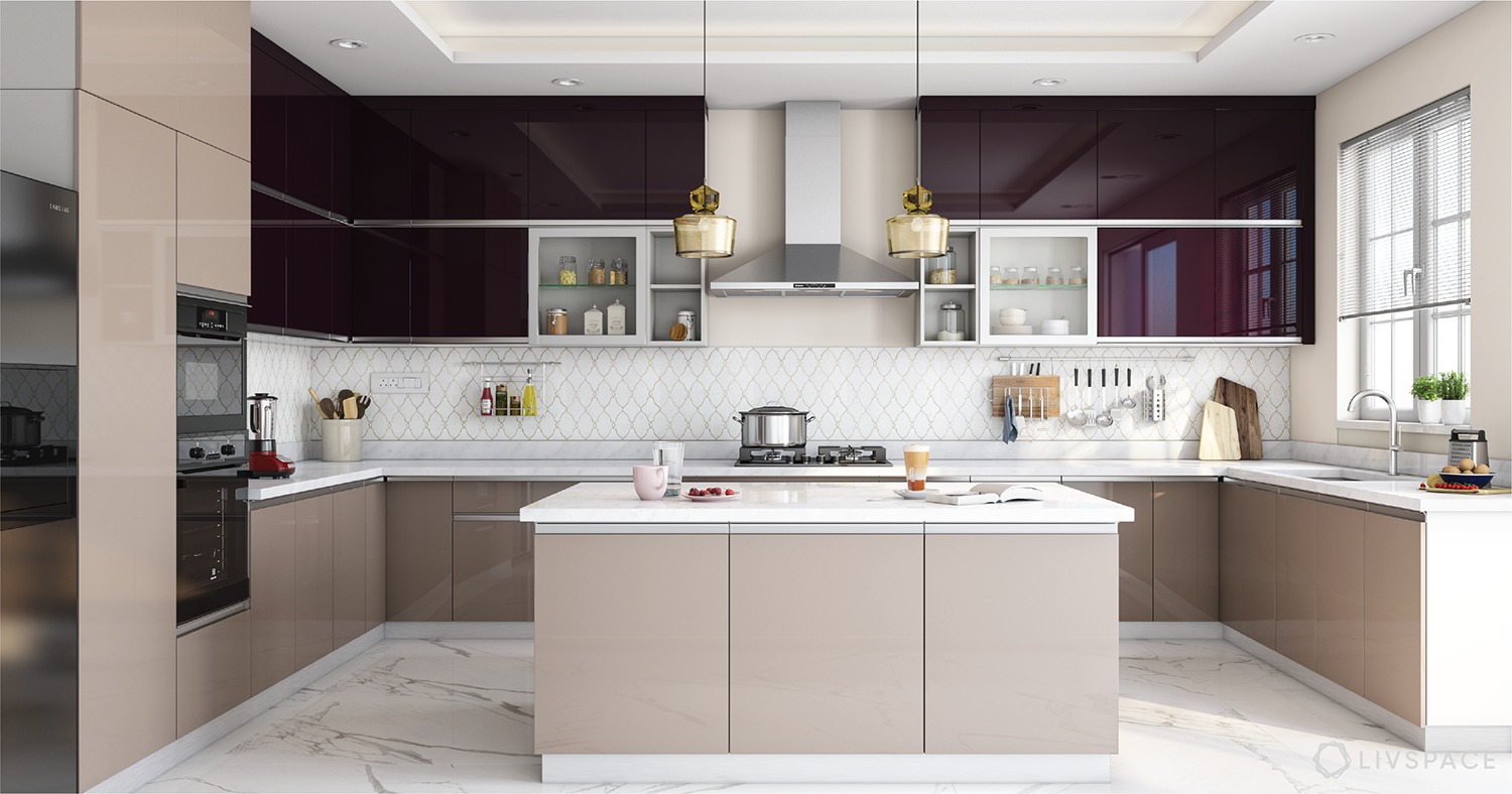 Tủ bếp phủ Acrylic chữ U kết hợp bàn đảo