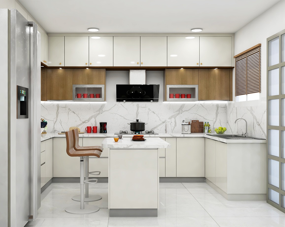 Tủ bếp phủ Acrylic chữ U kết hợp bàn đảo