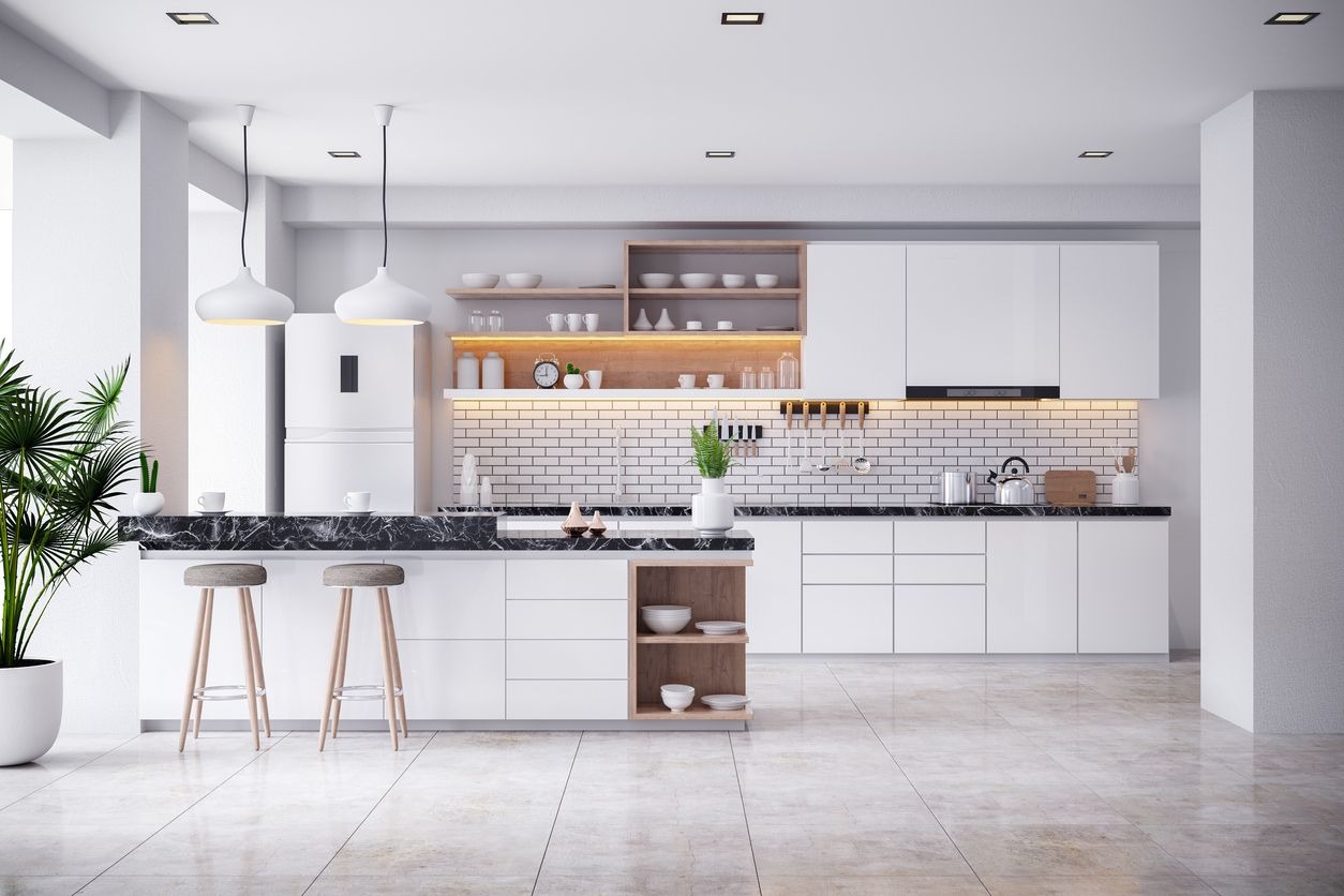 Mẫu tủ bếp phủ Melamine chữ I kết hợp bàn đảo tiện lợi