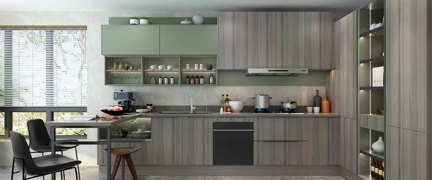Mẫu tủ bếp chữ L kết hợp tủ đựng gia vị không cánh tiện lợi