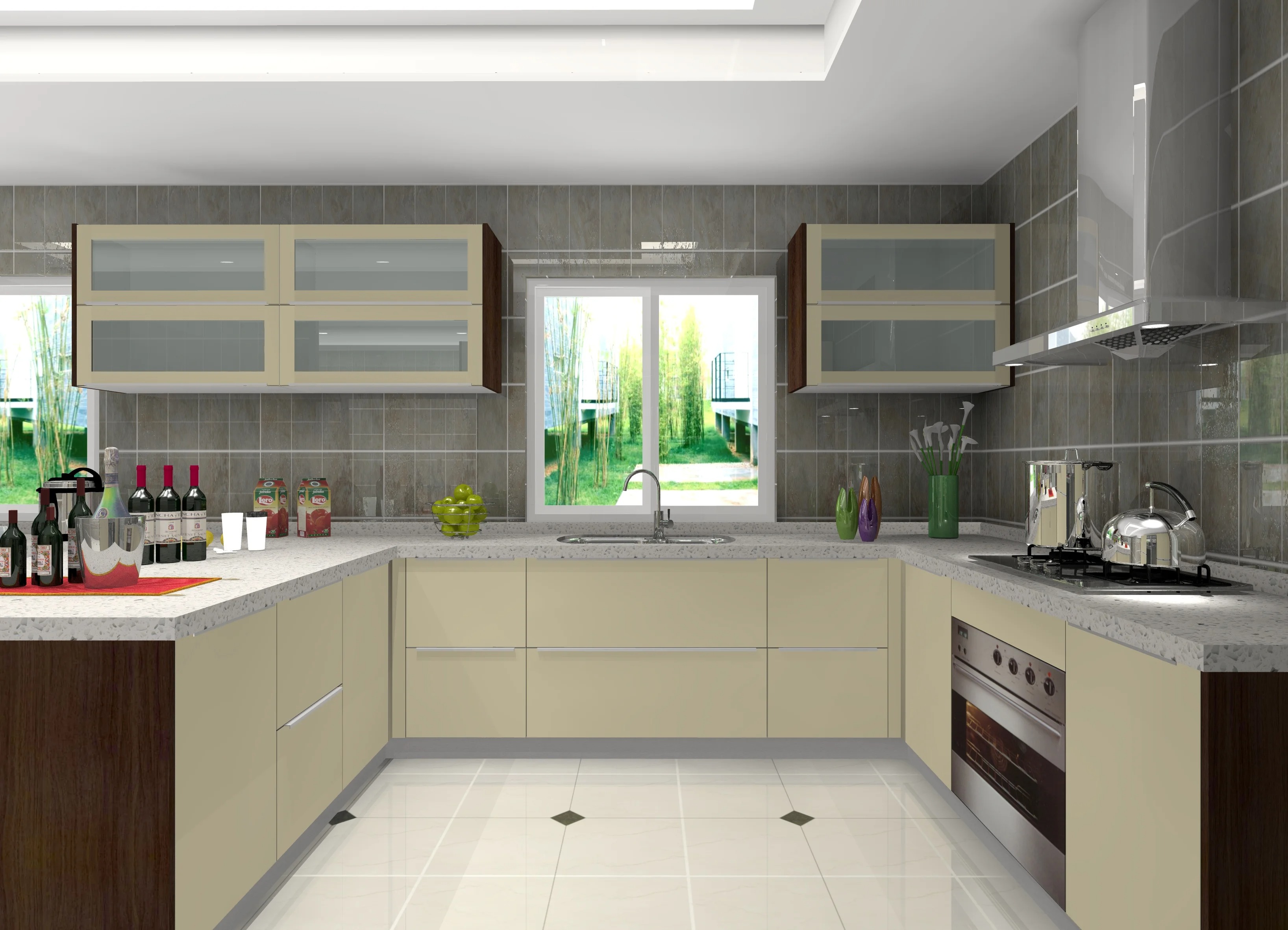 Mẫu tủ bếp dưới MDF có thiết kế hình chữ U rộng rãi