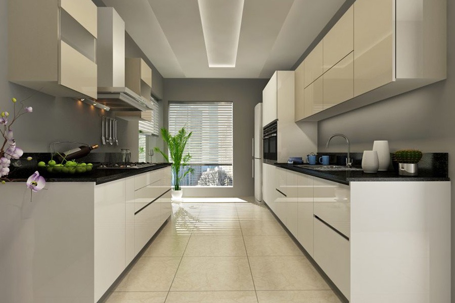 Thiết kế tủ bếp song song phủ Melamine sáng bóng