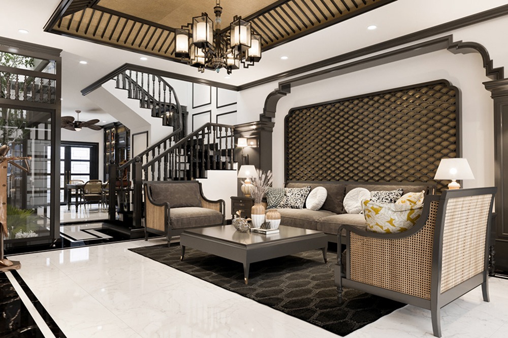 Ý tưởng thiết kế phòng khách biệt thự mang phong cách Đông Dương