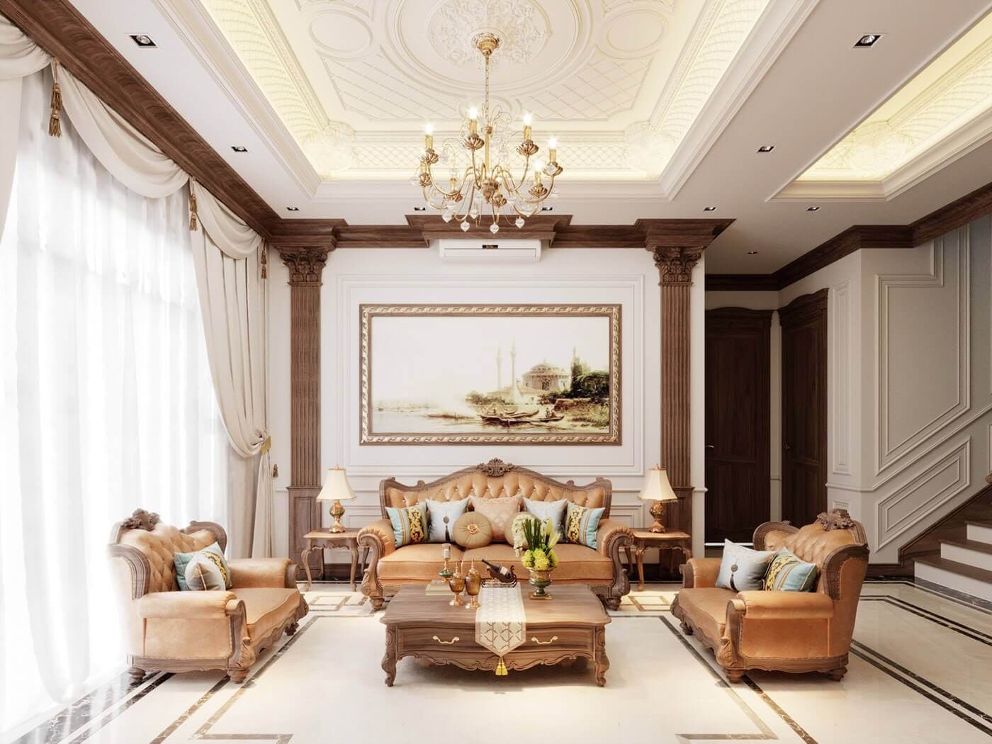 Ý tưởng thiết kế phòng khách biệt thự tân cổ điển sang trọng xen lẫn hiện đại (Nguồn: Sưu tầm)