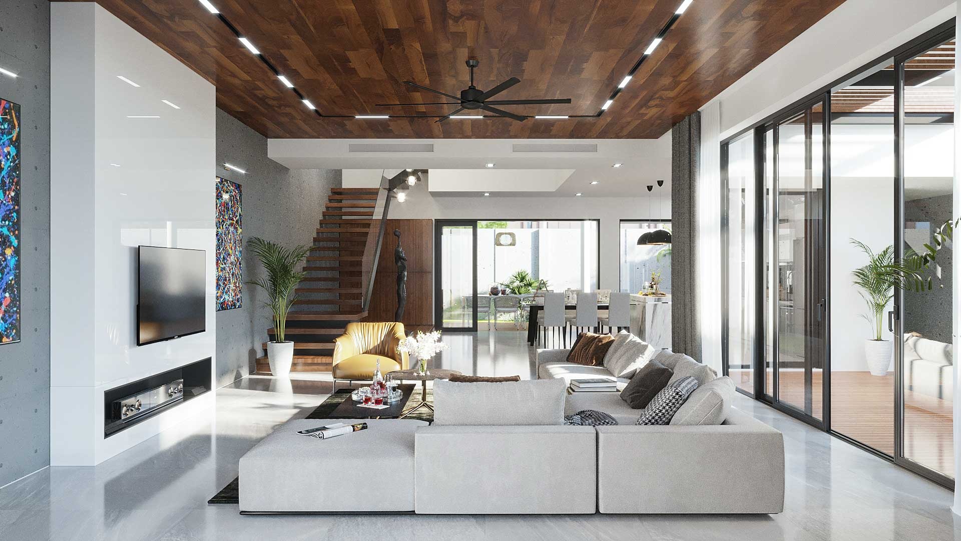 Mẫu thiết kế phòng khách biệt thự liền bếp thoáng đãng 