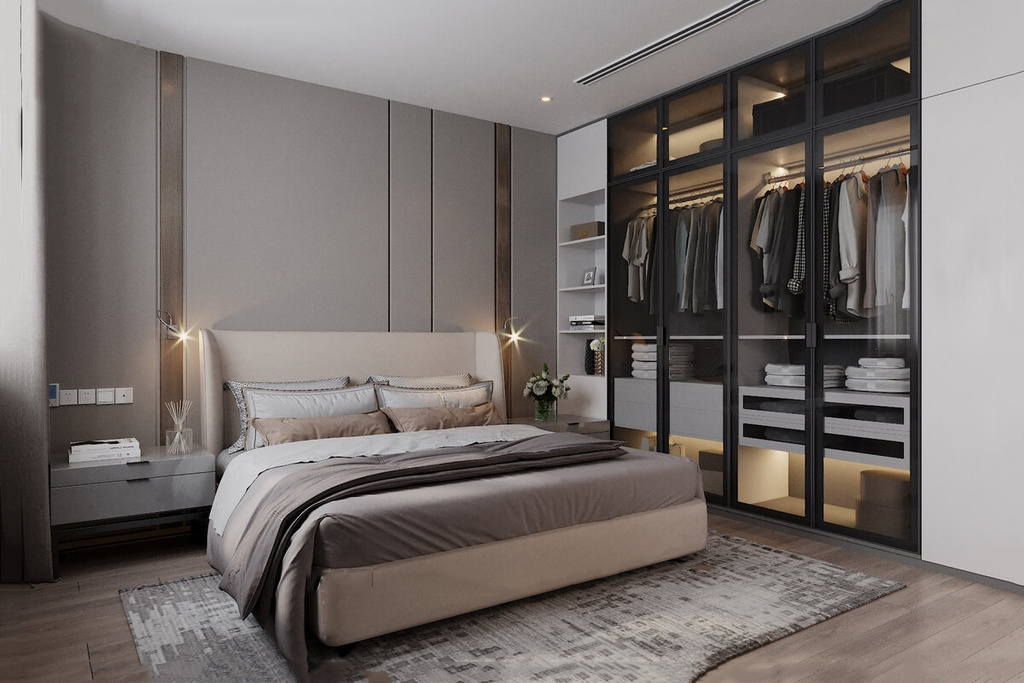 Phòng ngủ 25m2 được tối ưu diện tích với thiết kế tủ âm tường