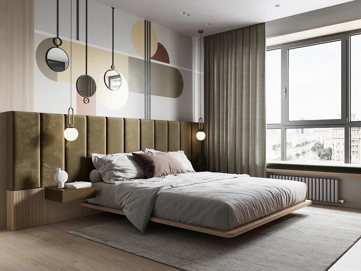Mẫu phòng ngủ 25m2 độc đáo với giường ngủ gắn tường