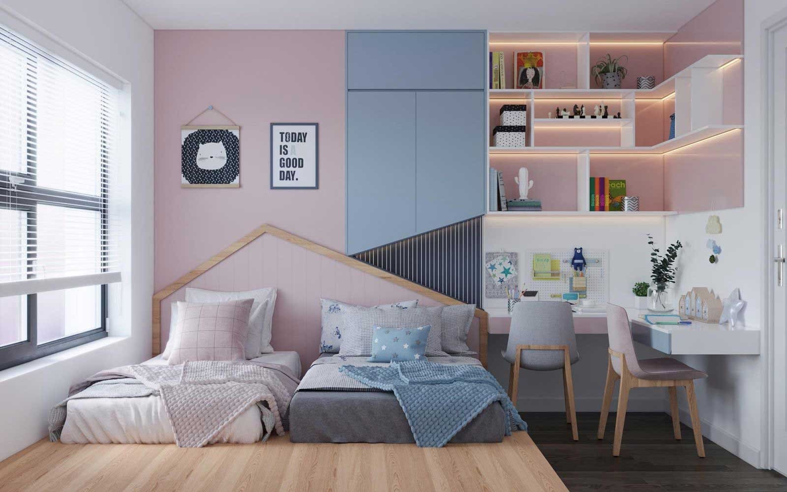 Thiết kế phòng ngủ 25m2 dành cho 2 bé