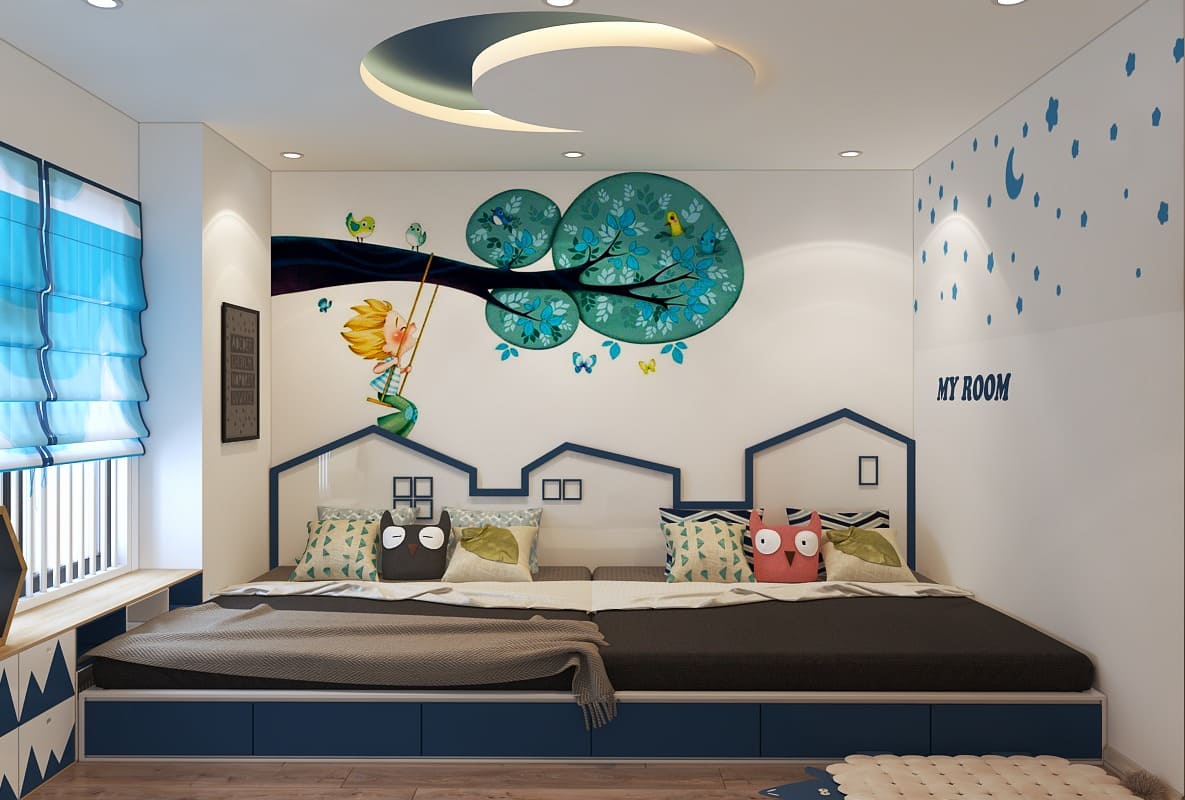 Phòng ngủ 25m2 với giường đôi và họa tiết sống động