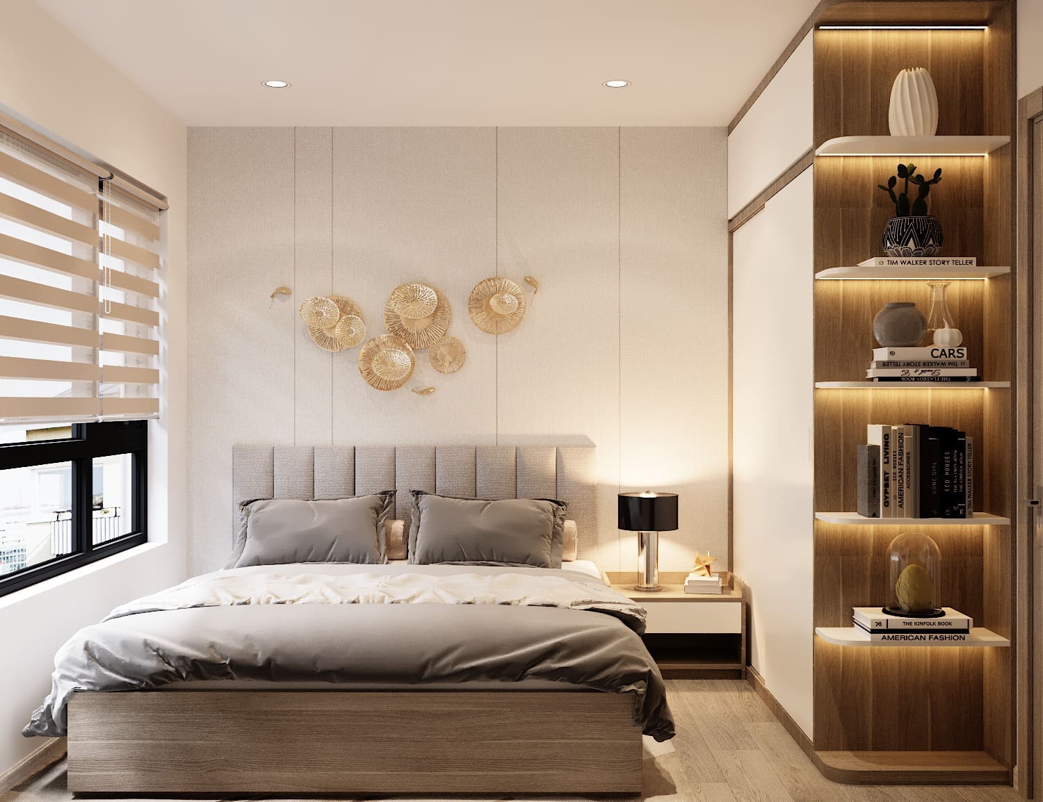 Phòng ngủ 25m2 ấm cúng với ánh sáng vàng