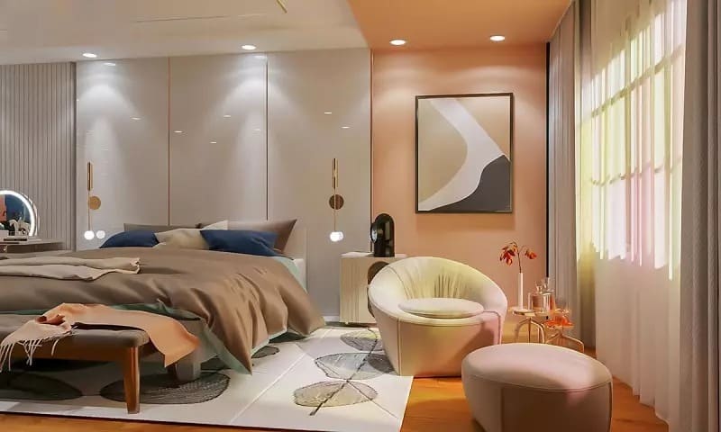Mẫu nội thất phòng ngủ có tone màu ấm áp và kết hợp góc nhỏ ngồi độc sách uống trà (Nguồn: Sưu tầm)