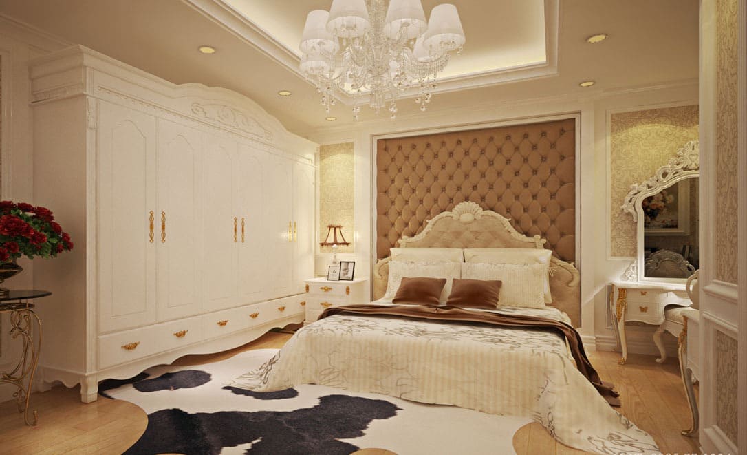 Thiết kế phòng ngủ tân cổ điển 25m2 thường sử dụng chất liệu nỉ nhung sang trọng (Nguồn: Sưu tầm)